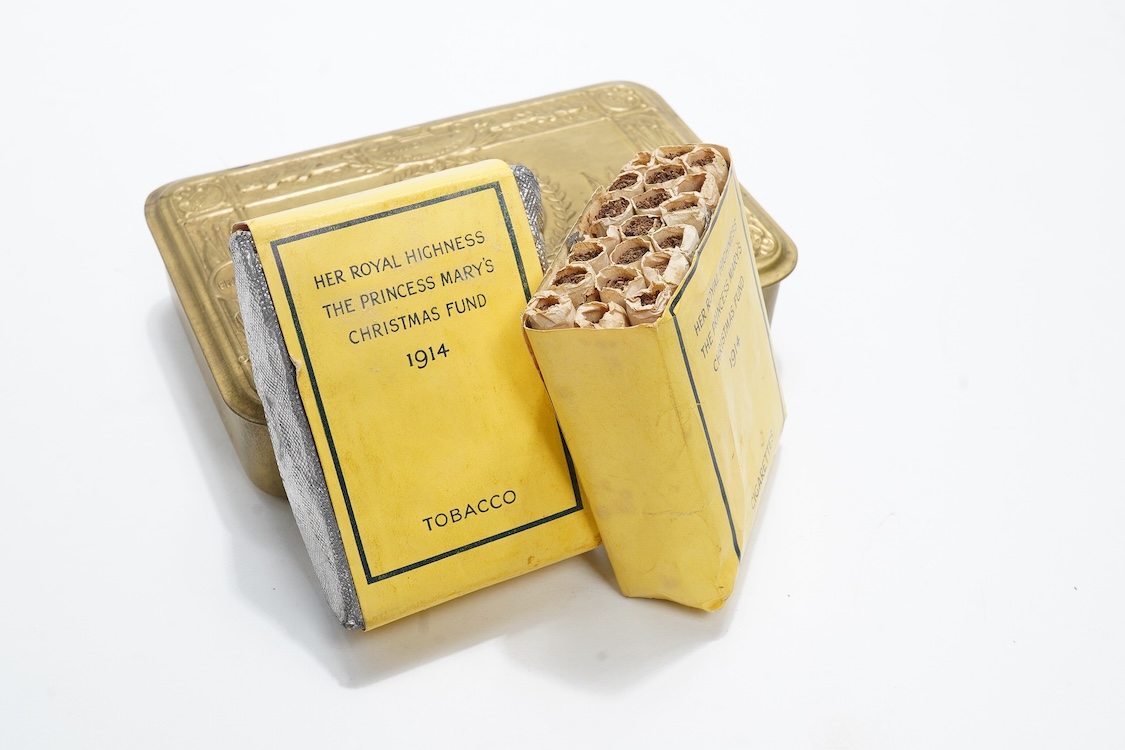 A 1914 Princess Mary Christmas tin containing the original sealed packet of tobacco, the packet of cigarettes and the Christmas card